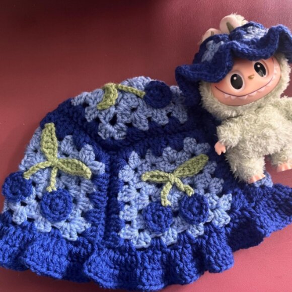 Labubu Accessories - Handmade Crochet Matching Blueberry Labubu Ruffle Hat Set